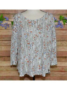 Rachel Zoe Plus 2X Floral Wildflower 100% Linen T-Shirt Scoop Neck Cottage Boho